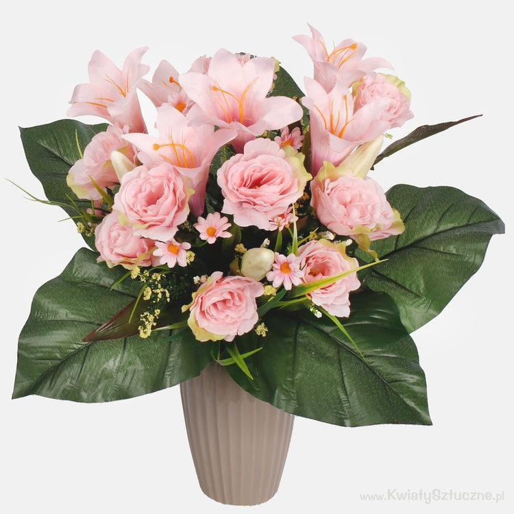 Rose/Lily tekokukkakimppu pinkki/vihreä reuna - Tekokukat.fi