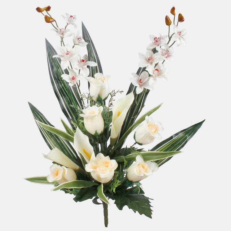 Ruusu/kalla/orkidea tekokukkakimppu kermainen - Tekokukat.fi