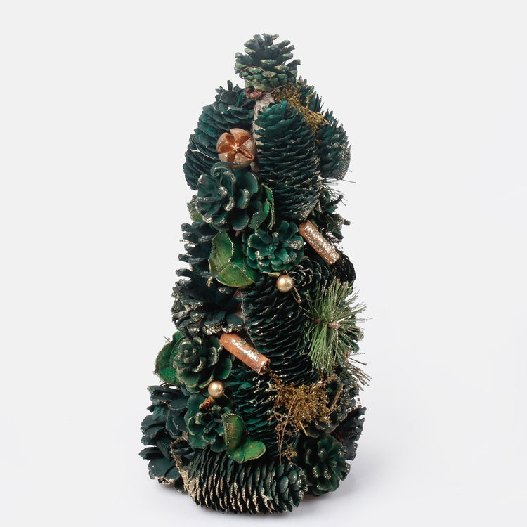 Pöytäkartio joulukuusi 35 cm koristeella ja glitterillä Dk. Vihreä/kulta - Tekokukat.fi