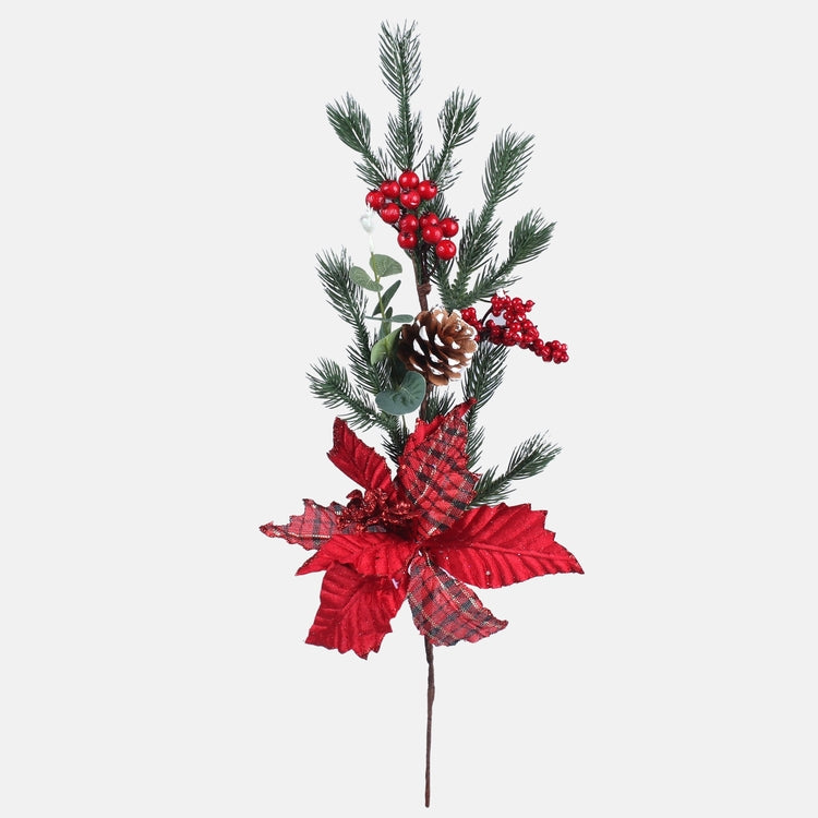 Roter Weihnachtsstern und Beeren künstlicher Blütenzweig 65 cm