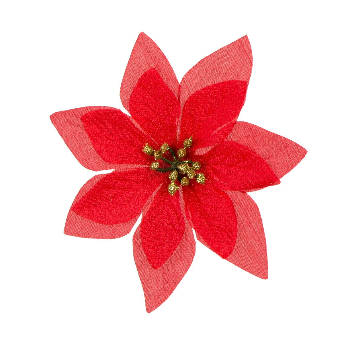 Punainen/kulta joulutähti – tekokukkapää, kimalle, 14 cm, 12 kpl