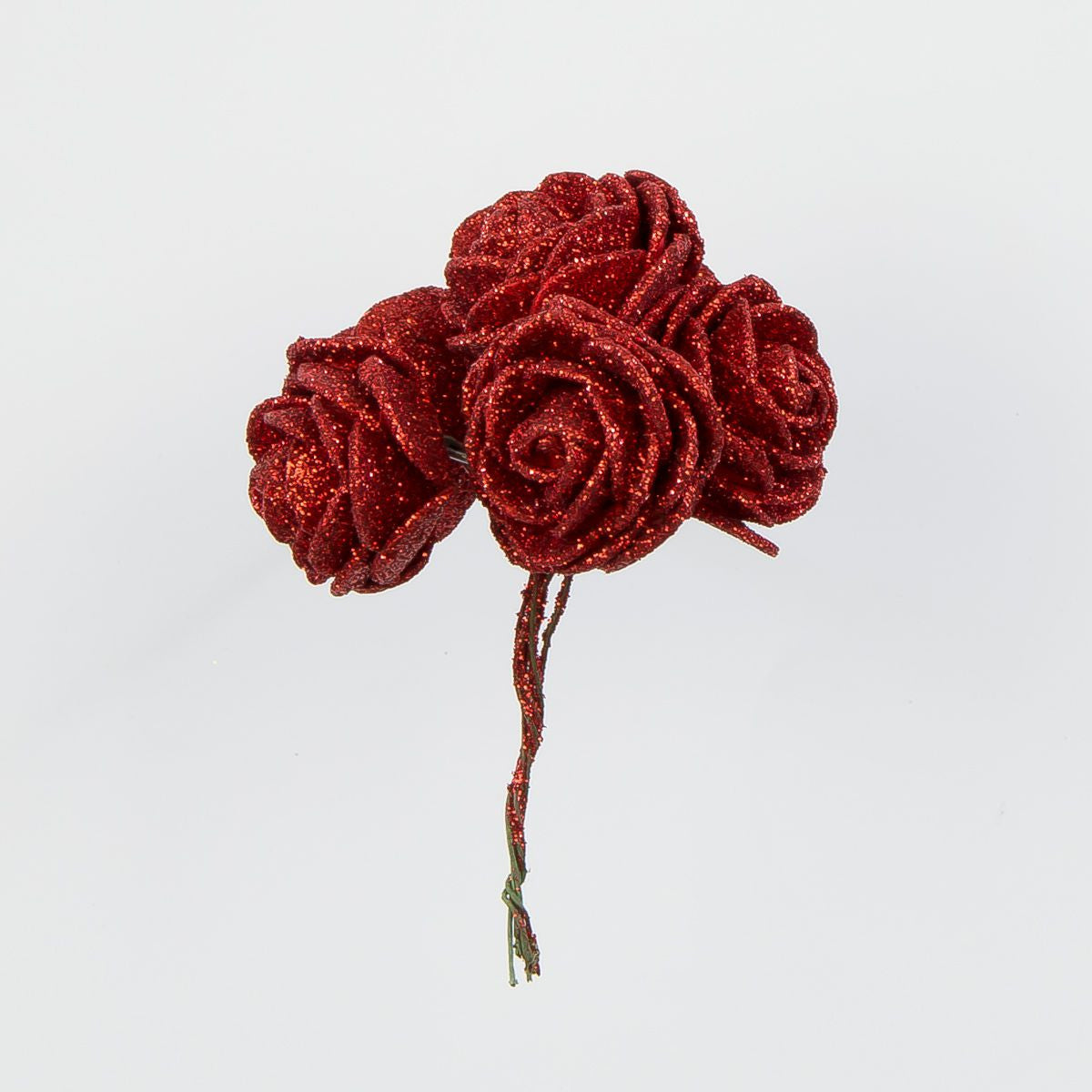 Punainen tekoruusun kukkapää, vaahtomuovi, kimalle, 3.5 cm, 72 kpl / pakkaus
