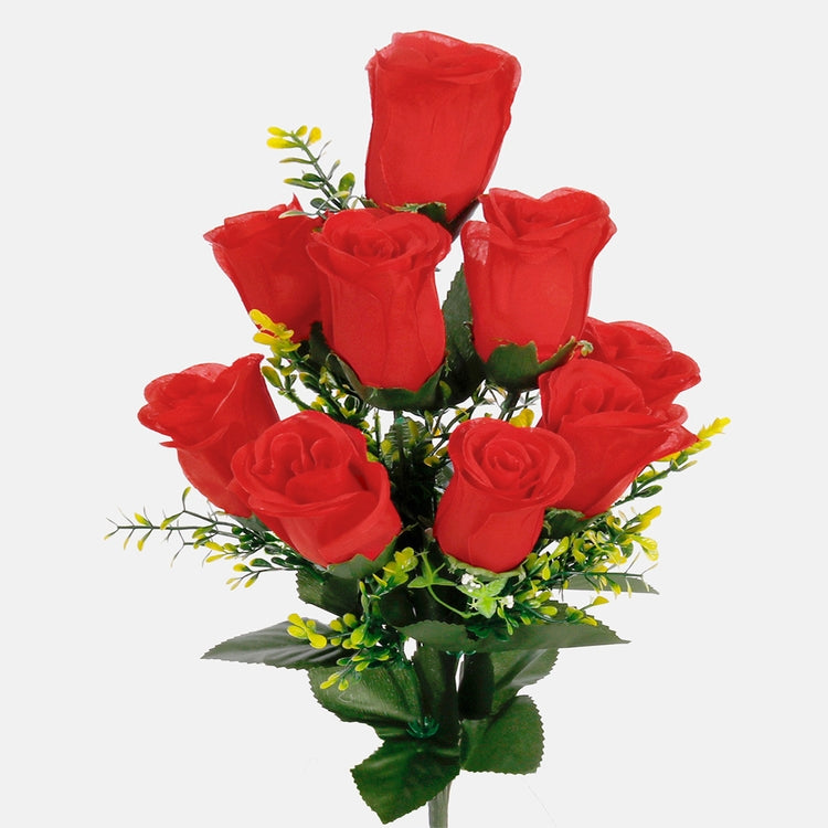 Rosebud x 9 tekokukkakimppu puhdas punainen