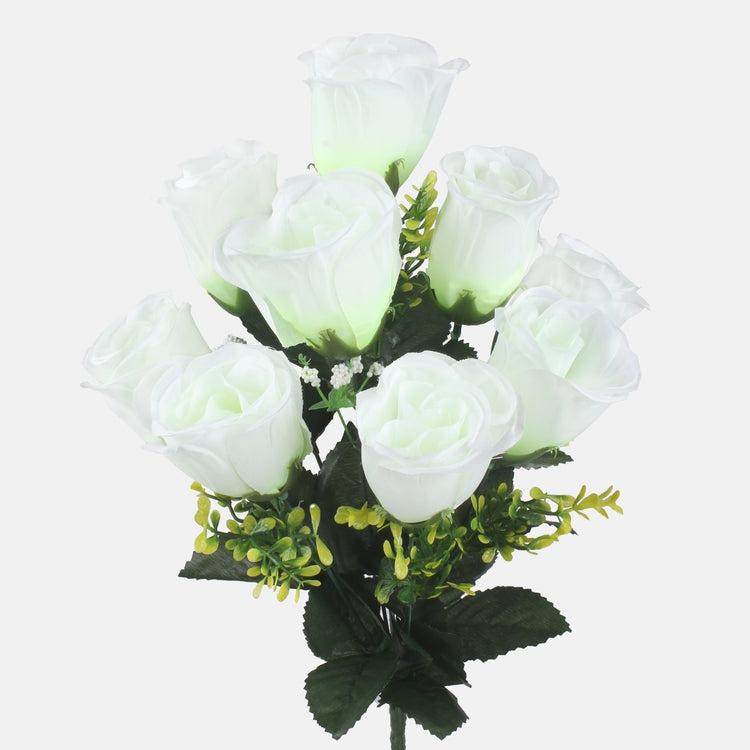 Rosebud x 9 tekokukkakimppu kermainen/vihreä
