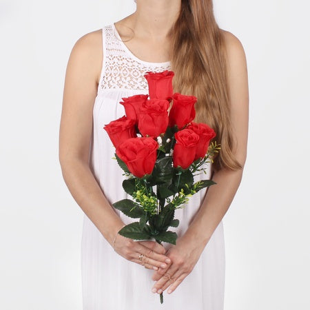 Rosebud x 9 tekokukkakimppu puhdas punainen