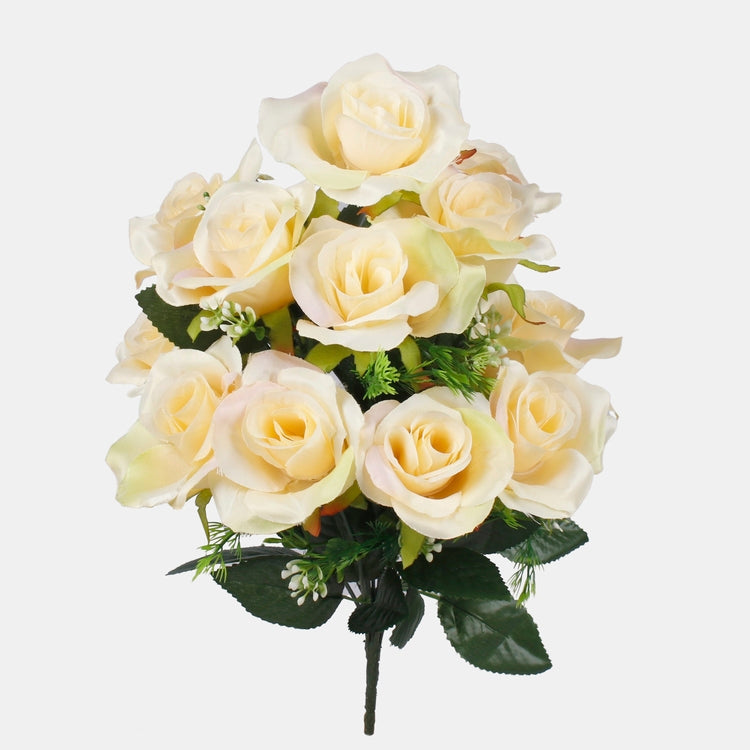 Ruusu x 12 tekokukkakimppu keltainen/vaaleanpunainen/vihreä reuna - Tekokukat.fi