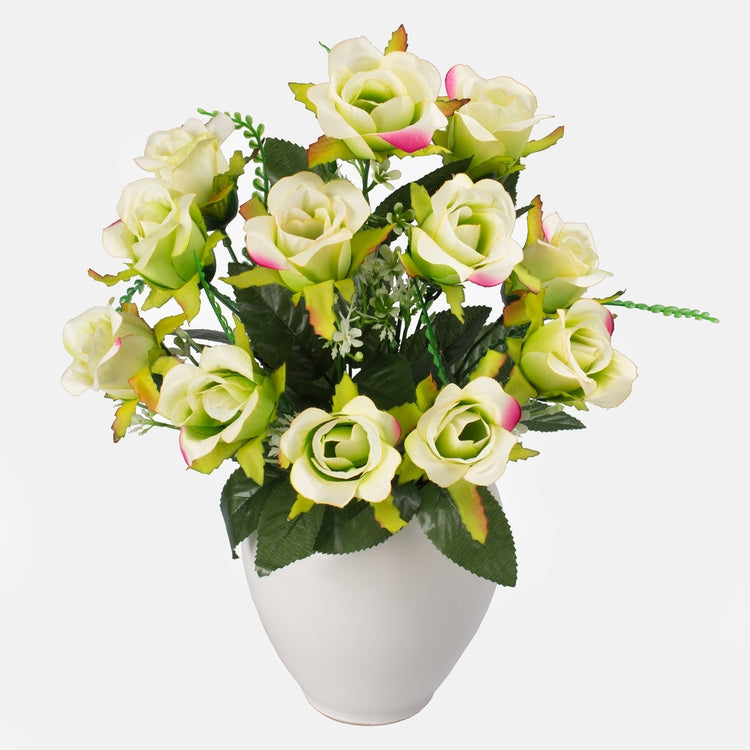 Ruusu x 12 tekokukkakimppu vaaleanvihreä/vaaleanpunainen reuna - Tekokukat.fi