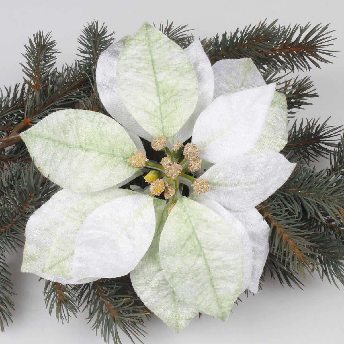 Valkoinen/vaalea/vihreä joulutähti – tekokukkapää, sametti, 20 cm