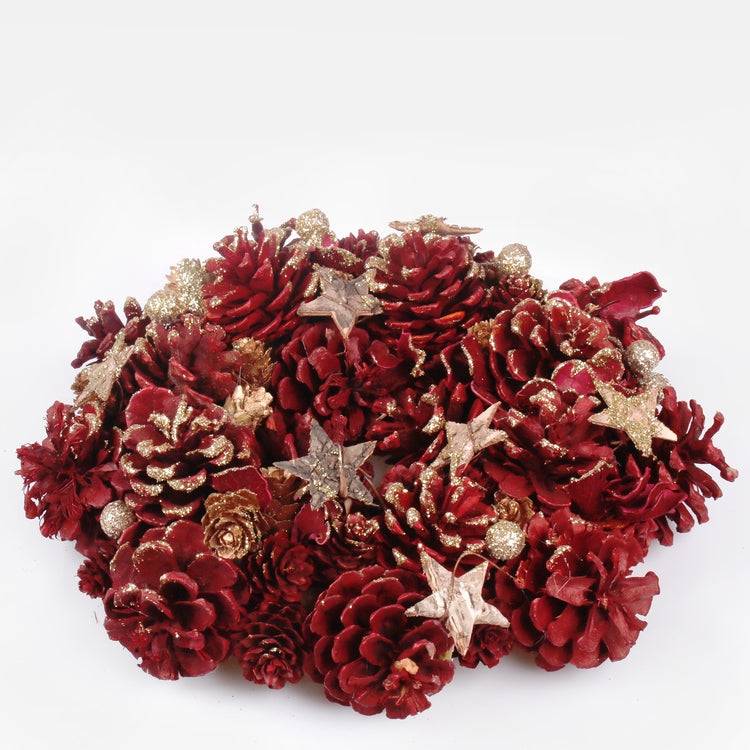 Punainen kartiokranssi 25 cm koristeilla ja glitterillä
burgundia