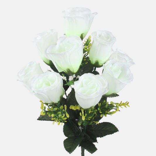 Rosebud x 9 tekokukkakimppu kermainen/vihreä - Tekokukat.fi