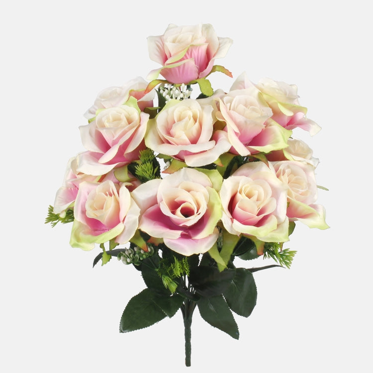 Ruusu x 12 tekokukkakimppu kermainen/mauve/vihreä - Tekokukat.fi