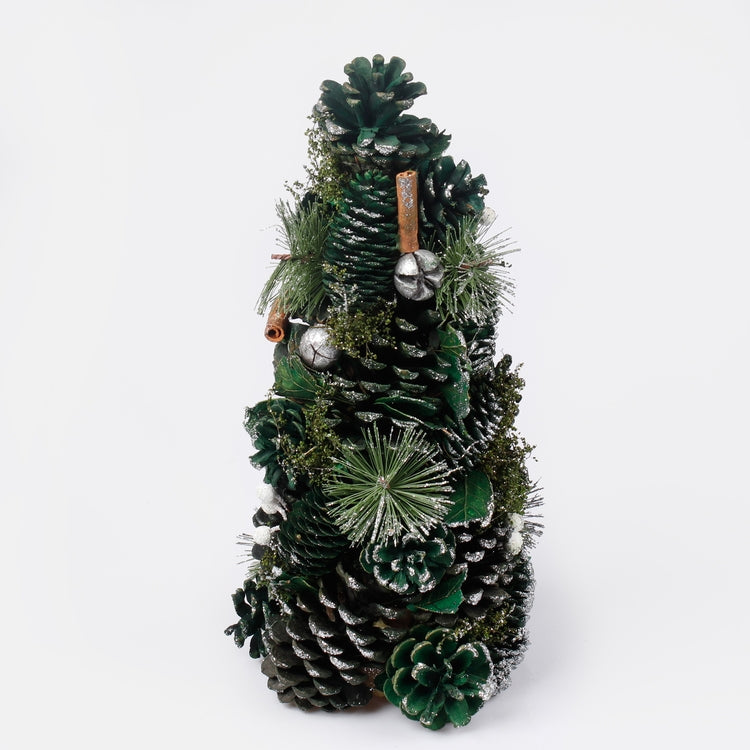 Pöytäkartio joulukuusi 35 cm koristeella ja glitterillä Dk. Vihreä/hopea - Tekokukat.fi