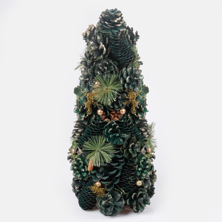 Pöytäkartio joulukuusi 43 cm koristeilla ja glitterillä Dk. Vihreä/kulta - Tekokukat.fi