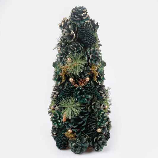 Pöytäkartio joulukuusi 43 cm koristeilla ja glitterillä Dk. Vihreä/kulta - Tekokukat.fi