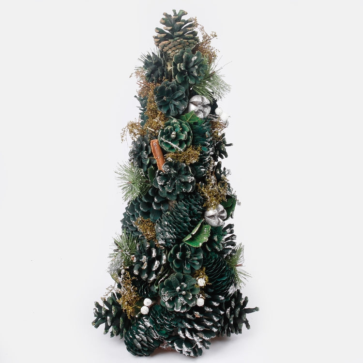 Pöytäkartio joulukuusi 43 cm koristeilla ja glitterillä Dk. Vihreä/hopea - Tekokukat.fi