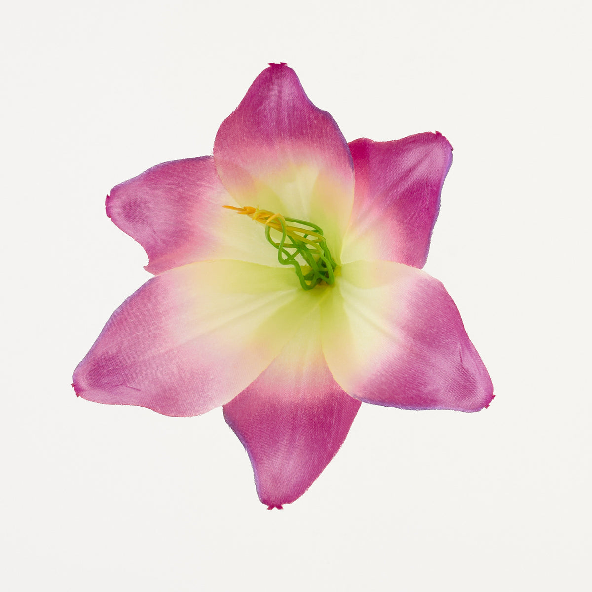 Fuksia/keltainen tekoliljan kukkapää, satiini, 13 cm