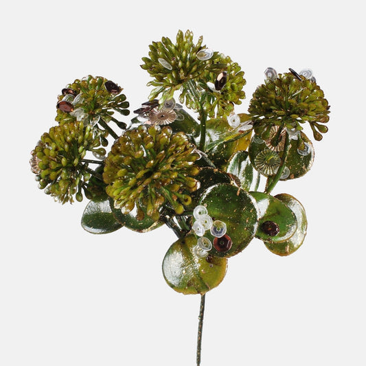 Lehtioksa, jossa paljetteja huipussa vihreä/kulta - Tekokukat.fi