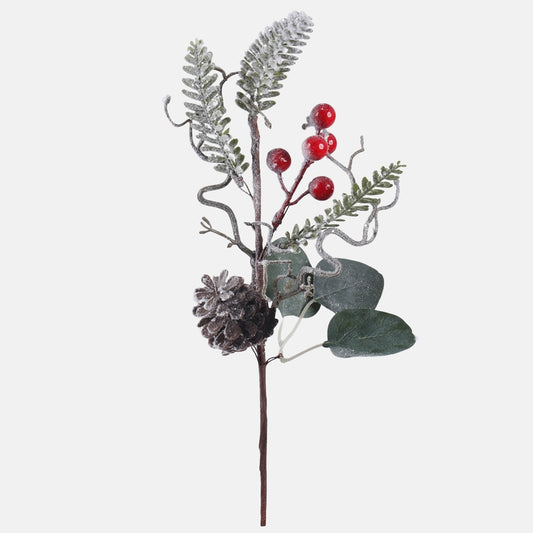 Lumen peittämä oksa marjoilla ja käpyllä Himmeä vihreä - Tekokukat.fi