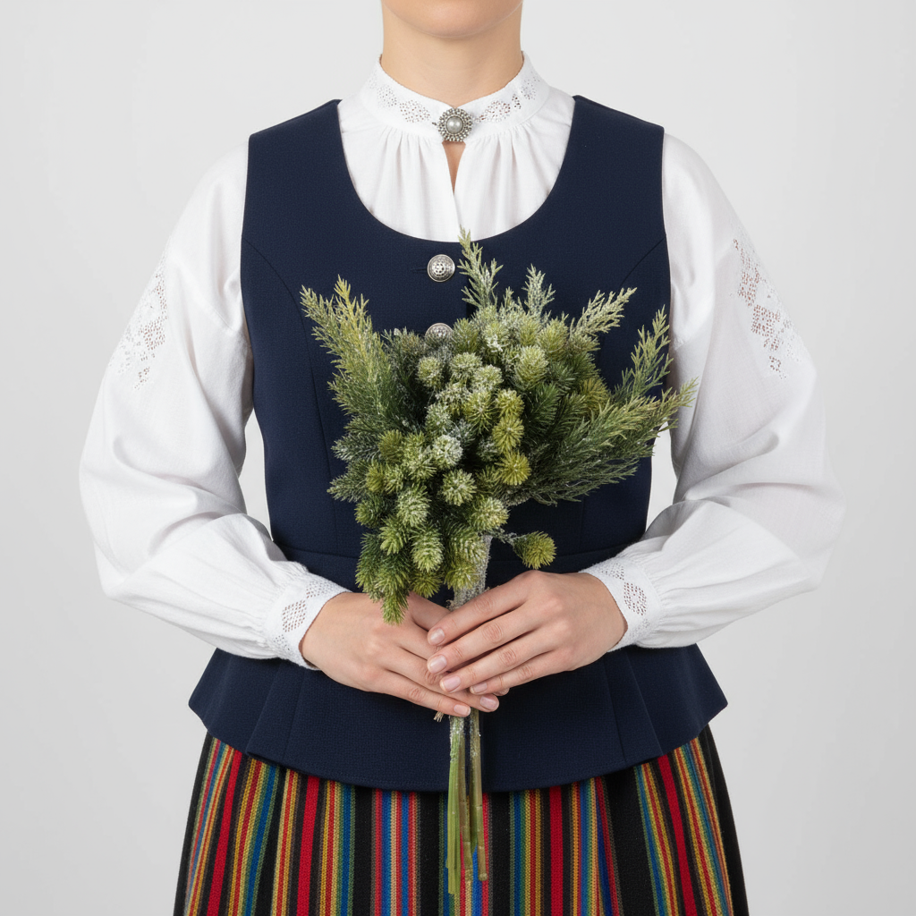 Vihreä lumipeitteinen lehtikuusi katajanversoilla