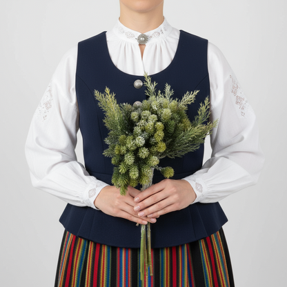 Vihreä lumipeitteinen lehtikuusi katajanversoilla