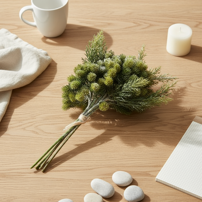 Vihreä lumipeitteinen lehtikuusi katajanversoilla