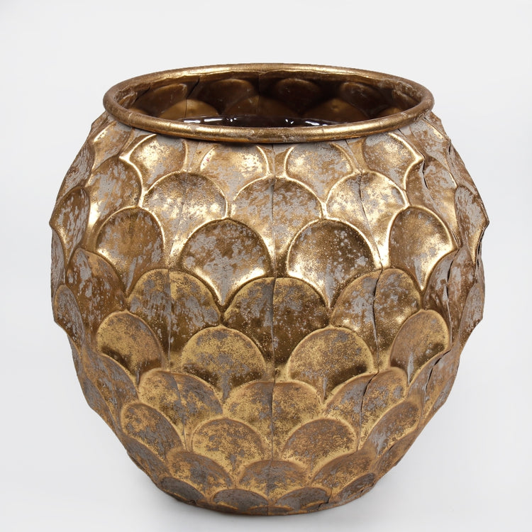 Patinoitu metallinen kukkaruukku kultainen - Tekokukat.fi