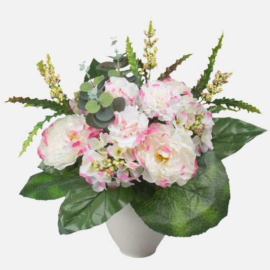 Pioni / Hortensia / Neilikka tekokukkakimppu kermainen/vaaleanpunainen reuna
