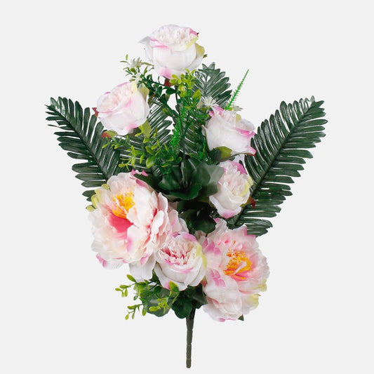 Pioni/ruusu tekokukkakimppu kermainennpunainen/vaaleanvihreä reuna - Tekokukat.fi