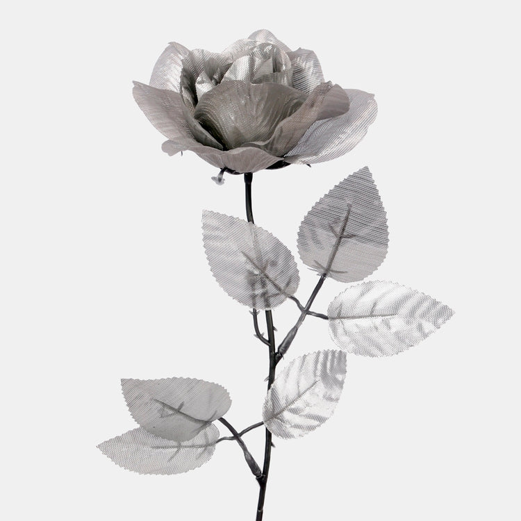 Kiiltävä ruusu tekokukka hopeaa ja harmaata muovia - Tekokukat.fi