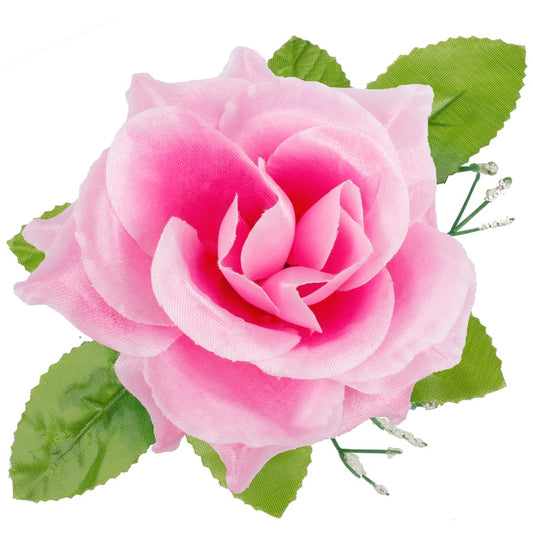 Satiiniruusu lehtineen Vaaleanpunainen - Tekokukat.fi