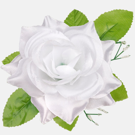 Satiiniruusu lehtineen Puhdas valkoinen - Tekokukat.fi