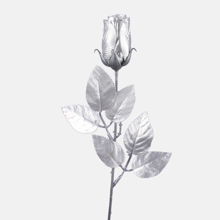 Kiiltävä ruusunuppu tekokukka hopeaa ja harmaata muovia - Tekokukat.fi