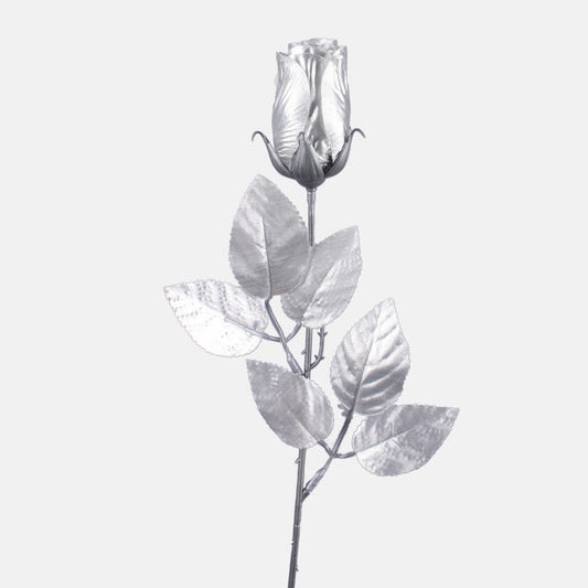 Kiiltävä ruusunuppu tekokukka hopeaa ja harmaata muovia - Tekokukat.fi