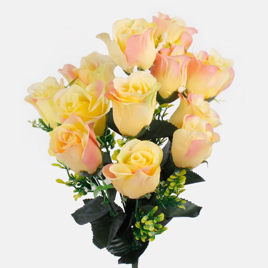 Ruusunuppu x 12 tekokukkakimppu keltainen/vaaleanpunainen reuna - Tekokukat.fi