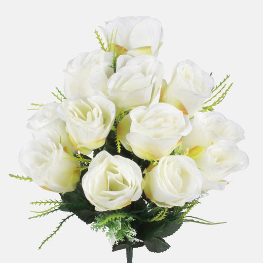 Ruusunuppu x 12 tekokukkakimppu kermainennvärinen/vihreä reuna - Tekokukat.fi