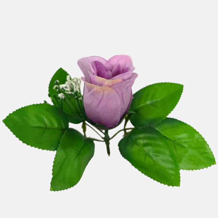 Ruusunuppu lehtineen T.T. Lila/ltn Vihreä reuna - Tekokukat.fi