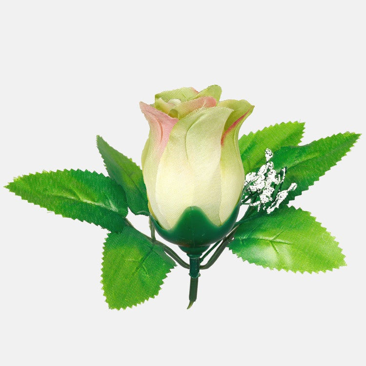 Ruusunuppu lehtineen T.T. Vihreä/Pink Edge - Tekokukat.fi