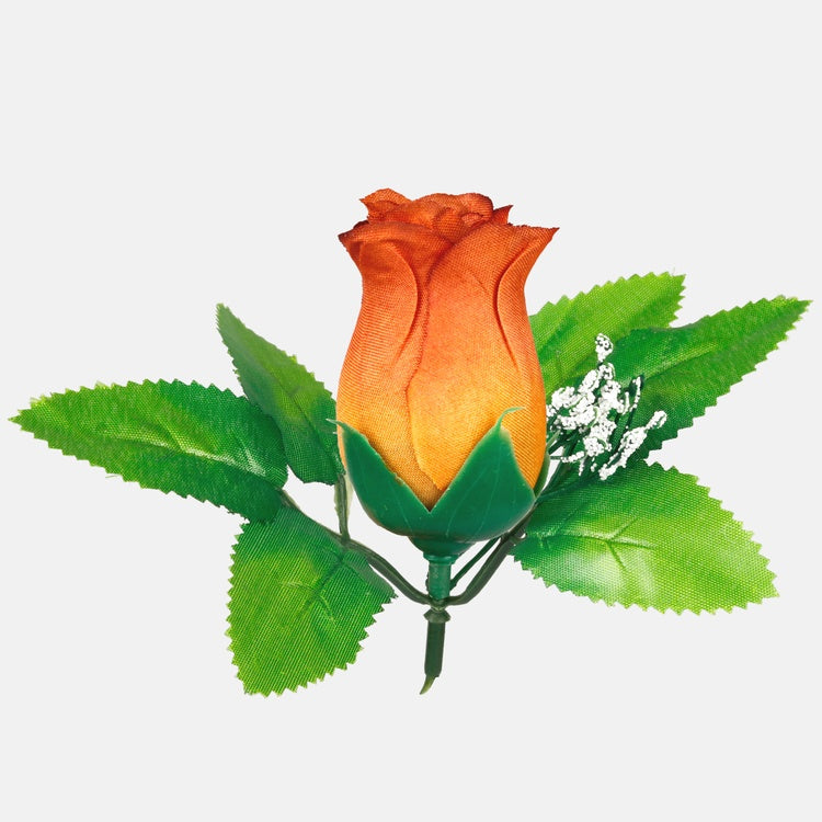 Ruusunuppu lehtineen Oranssi/keltainen/ruskea reuna - Tekokukat.fi