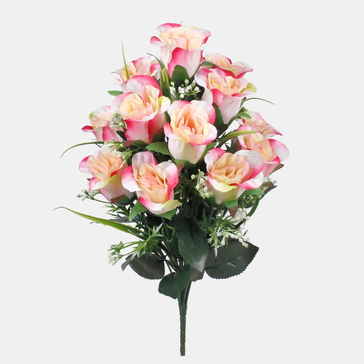 Ruusunuppu x 12 tekokukkakimppu kermainen/vaaleanpunainen reuna - Tekokukat.fi