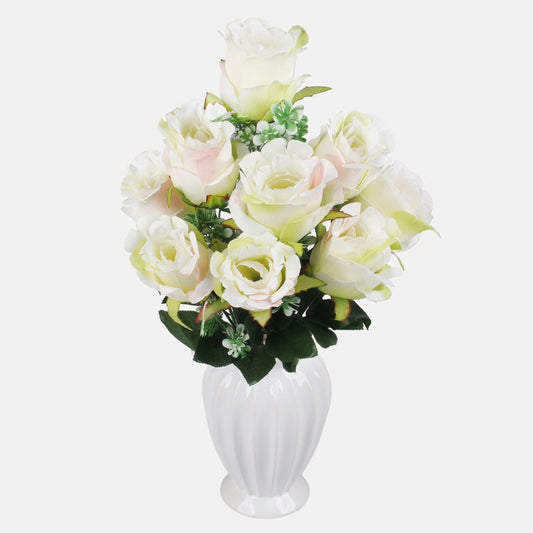 Rosebud x 9 tekokukkakimppu kermainennvärinen/vihreä/persikkareuna - Tekokukat.fi