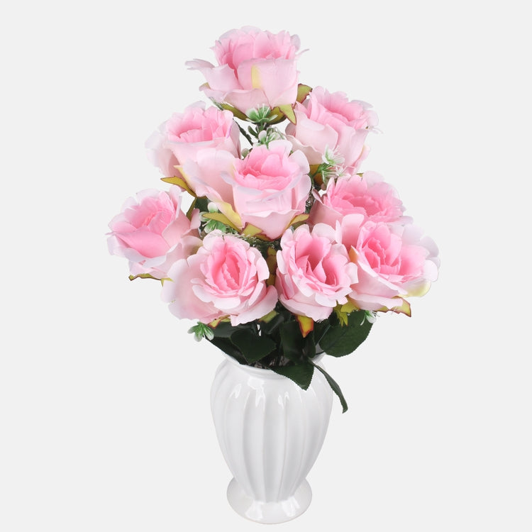 Rosebud x 9 tekokukkakimppu t.t. pinkki/vaaleanvihreä reuna - Tekokukat.fi