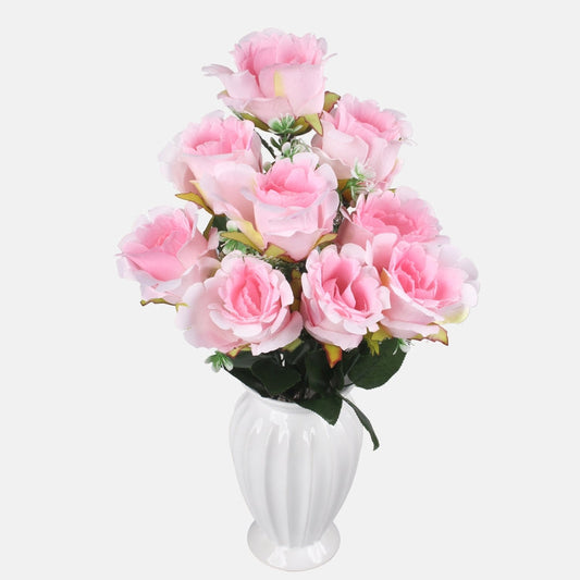 Rosebud x 9 tekokukkakimppu t.t. pinkki/vaaleanvihreä reuna - Tekokukat.fi