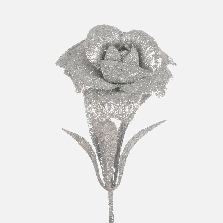Ruusu glitterillä Hopea - Tekokukat.fi