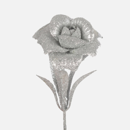 Ruusu glitterillä Hopea - Tekokukat.fi