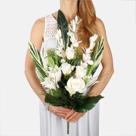 Ruusu/lilja/gladiolus tekokukkakimppu kermainen/vaalea lila/vihreä reuna