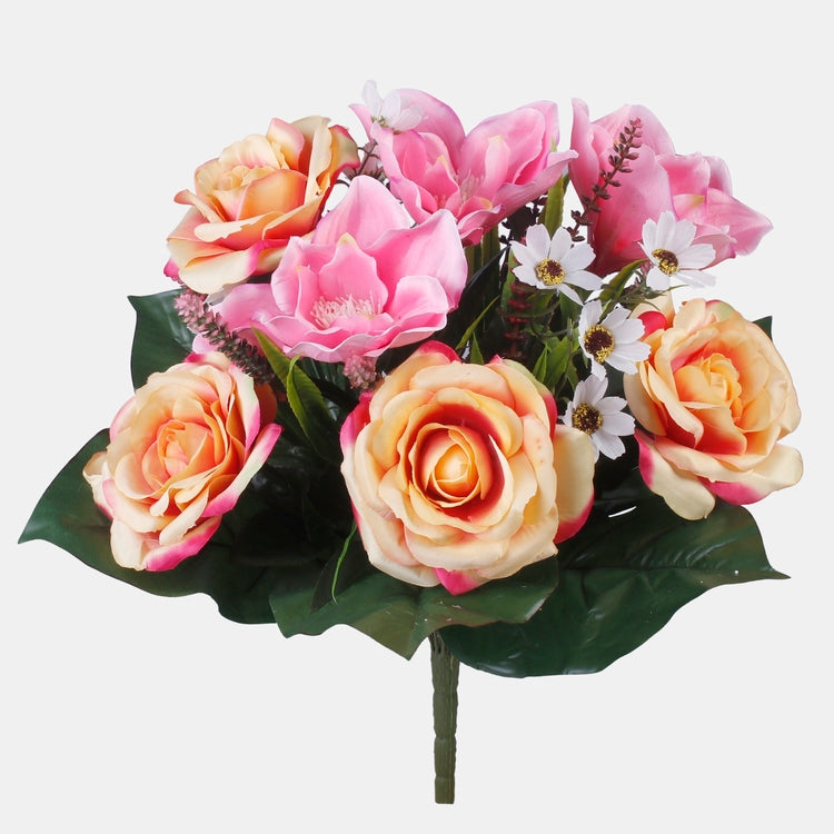 Ruusu/Magnolia tekokukkakimppu pinkki/t.t. keltainen - Tekokukat.fi