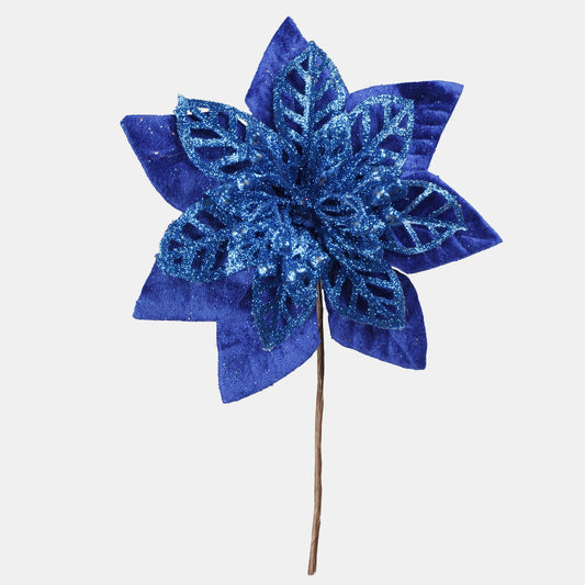Sininen joulutähti – tekokukkapää, kimalle, 17 cm