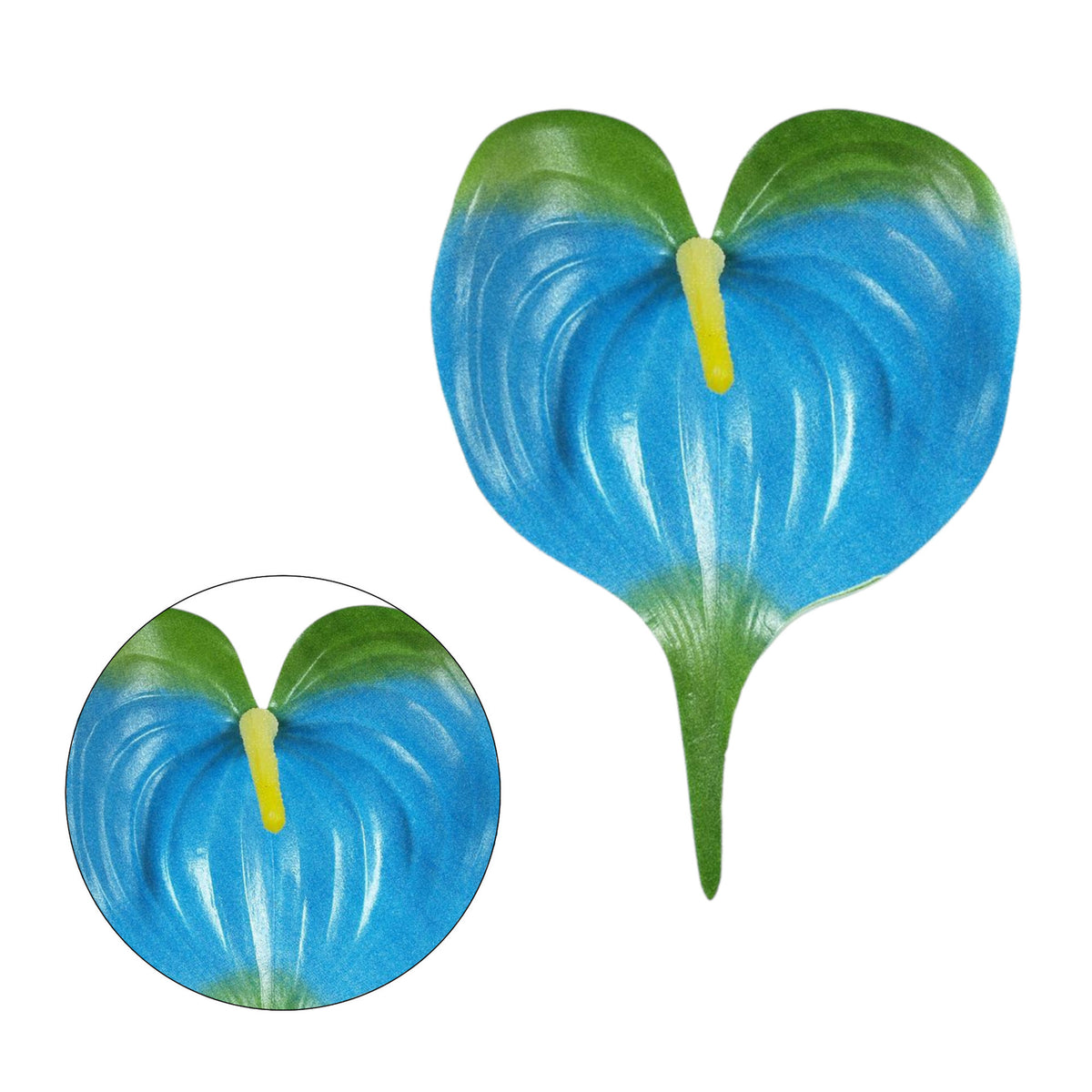 Sininen/vihreä flamingonkukka – tekokukkapää, 14,5 cm