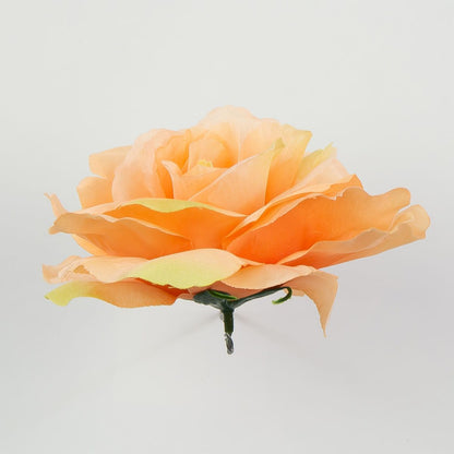Vaalea/oranssi/vihreä tekoruusun kukkapää, satiini, 7 cm, 12 kpl