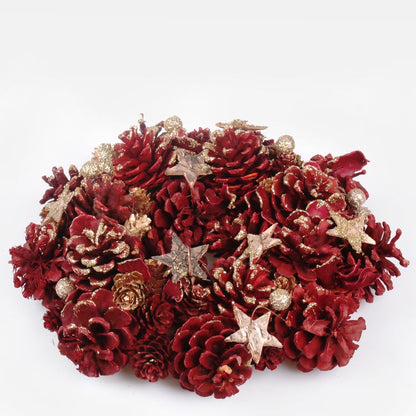 Punainen kartiokranssi 25 cm koristeilla ja glitterillä 
burgundia